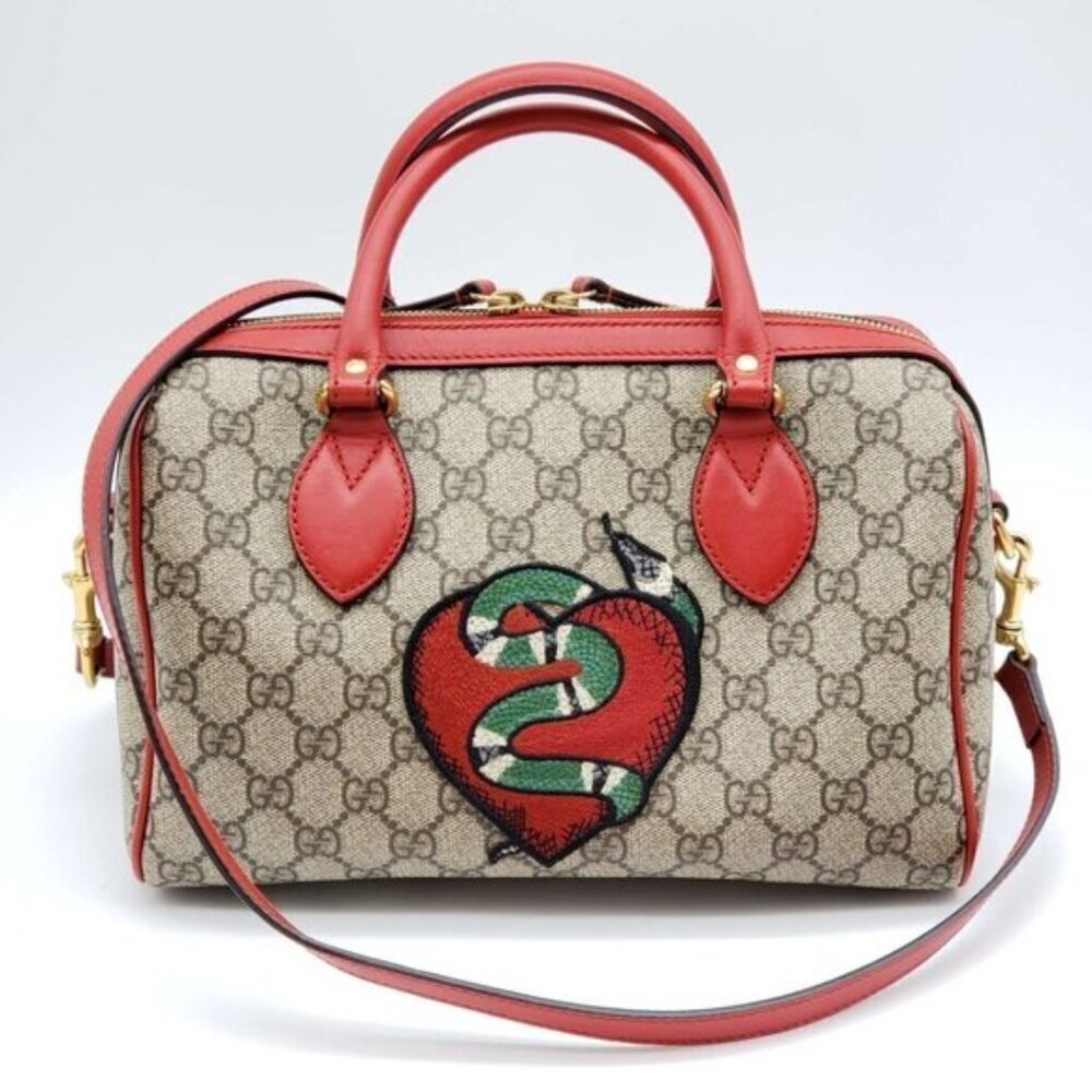 Authentic Gucci GG Supreme Tian Heart Snake Boston Bag Red Leather Crossbody